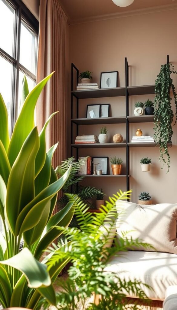 A stylish, vertical room showcasing aesthetic decor designed for small spaces. In the foreground, lush, tall indoor plants like snake plants and ferns add vibrancy. The middle features sleek, high shelves adorned with minimalist decor items, books, and succulents, creating a sense of height. The background includes a large window allowing for soft, natural light to flood the space, enhancing the airy atmosphere. The room has a warm, inviting color palette with earthy tones. The scene is captured with a wide-angle lens from a slightly low angle to emphasize the vertical elements, creating a cozy yet spacious feel, ideal for showcasing the principles of vertical decor. Designed for CozyTrendHub's aesthetic, focusing on tasteful, clutter-free arrangements. A stylish, vertical room showcasing aesthetic decor designed for small spaces. In the foreground, lush, tall indoor plants like snake plants and ferns add vibrancy. The middle features sleek, high shelves adorned with minimalist decor items, books, and succulents, creating a sense of height. The background includes a large window allowing for soft, natural light to flood the space, enhancing the airy atmosphere. The room has a warm, inviting color palette with earthy tones. The scene is captured with a wide-angle lens from a slightly low angle to emphasize the vertical elements, creating a cozy yet spacious feel, ideal for showcasing the principles of vertical decor. Designed for CozyTrendHub's aesthetic, focusing on tasteful, clutter-free arrangements.