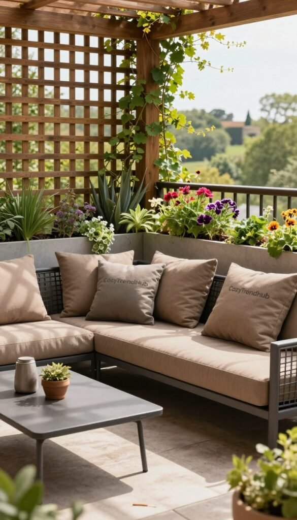A stylish, weatherproof balcony scene showcasing durability and outdoor decor. In the foreground, a beautifully arranged outdoor seating set featuring modern, stain-resistant cushions in earthy tones, complemented by a sleek, metal coffee table. The middle ground highlights resilient planters filled with vibrant, perennials flourishing in various sizes, emphasizing low-maintenance greenery. In the background, a wooden lattice structure offers shade, intertwined with climbing vines, creating a cozy retreat. Bright, natural sunlight bathes the scene, casting soft shadows and enhancing textures, while the camera is positioned at a slight angle to capture depth. The mood is inviting and serene, ideal for year-round enjoyment. This image encapsulates the essence of durable outdoor living, branded with "CozyTrendHub".