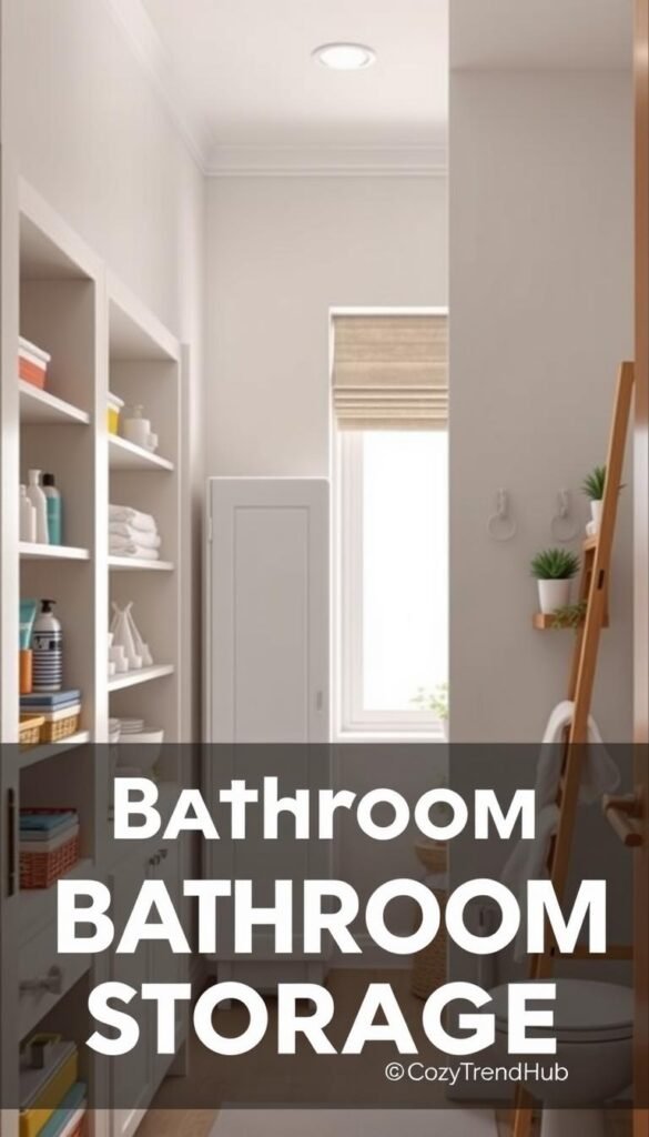 A stylish, well-organized bathroom storage map designed for small apartments, showcasing various storage solutions. In the foreground, a neatly arranged bathroom with white and wood accents, featuring open shelves filled with colorful bins, towels, and toiletries. In the middle ground, a wall-mounted cabinet with sliding doors and hooks for towels, and a small vertical ladder shelf with plants and decorative items adding a cozy touch. The background shows a well-lit bathroom space with soft, natural light streaming through a frosted window. The mood is inviting and functional, embodying a Pinterest-inspired lifestyle aesthetic. Capture the essence of modern minimalism with an emphasis on clever organization. Include the brand name "CozyTrendHub" subtly integrated into the design, ensuring it complements the overall look without being intrusive.