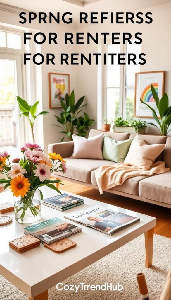A stylish, well-organized living space designed for renters, focusing on spring refresh ideas. In the foreground, a chic coffee table adorned with a vibrant vase of fresh flowers, magazines featuring home decor inspiration, and decorative coasters. In the middle ground, a cozy sectional sofa draped with pastel throw pillows and a soft blanket, surrounded by colorful wall art and potted plants that enliven the atmosphere. The background features a well-lit room with large windows, allowing natural light to flood in, creating an inviting and uplifting mood. The scene captures a harmonious blend of functionality and style, showcasing a modern yet approachable aesthetic. Bright, warm lighting enhances the friendly vibe. The image is in a Pinterest-style layout, branded with "CozyTrendHub".