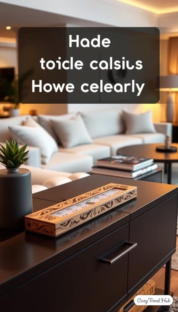 A stylish wooden box power strip nestled on a contemporary, elegant console table. The box is an earthy tone with intricate carvings, designed to blend seamlessly with modern home decor. In the foreground, cozy decorative items like a small potted plant and a stack of art books enhance the aesthetic. The middle ground features the power strip softly illuminated by warm, ambient lighting. In the background, a minimalistic living room setting with neutral-colored walls and soft textiles creates a serene atmosphere. The overall composition feels inviting and organized, embodying a blend of functionality and sophistication. Captured from a slightly elevated angle to showcase the decorative elements, this image aligns with the theme of hiding cables cleanly. Inspired by the brand CozyTrendHub. A stylish wooden box power strip nestled on a contemporary, elegant console table. The box is an earthy tone with intricate carvings, designed to blend seamlessly with modern home decor. In the foreground, cozy decorative items like a small potted plant and a stack of art books enhance the aesthetic. The middle ground features the power strip softly illuminated by warm, ambient lighting. In the background, a minimalistic living room setting with neutral-colored walls and soft textiles creates a serene atmosphere. The overall composition feels inviting and organized, embodying a blend of functionality and sophistication. Captured from a slightly elevated angle to showcase the decorative elements, this image aligns with the theme of hiding cables cleanly. Inspired by the brand CozyTrendHub.