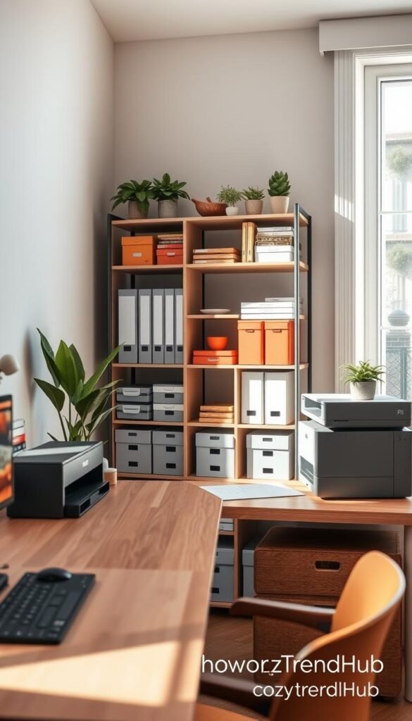 A stylish work-from-home corner featuring an organized office storage area. In the foreground, a sleek wooden desk with a minimalist design, neatly arranged with a printer on one side and a stack of colorful file boxes on the other. The middle layer showcases a modern shelving unit filled with neatly labeled folders, office supplies, and decorative plants, all contributing to a tidy aesthetic. In the background, soft natural light streams in from a large window, illuminating the space and casting gentle shadows. The mood is calm and productive, with warm tones creating an inviting atmosphere. This image embodies the perfect blend of functionality and style, influenced by the brand CozyTrendHub, appealing to home decor enthusiasts. A stylish work-from-home corner featuring an organized office storage area. In the foreground, a sleek wooden desk with a minimalist design, neatly arranged with a printer on one side and a stack of colorful file boxes on the other. The middle layer showcases a modern shelving unit filled with neatly labeled folders, office supplies, and decorative plants, all contributing to a tidy aesthetic. In the background, soft natural light streams in from a large window, illuminating the space and casting gentle shadows. The mood is calm and productive, with warm tones creating an inviting atmosphere. This image embodies the perfect blend of functionality and style, influenced by the brand CozyTrendHub, appealing to home decor enthusiasts.