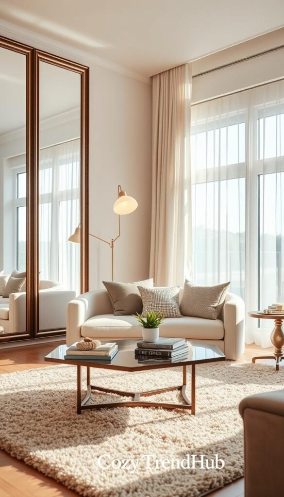 A stylishly designed living room that maximizes natural light with large, elegantly framed mirrors reflecting sunlight onto soft, neutral-toned walls. In the foreground, a contemporary coffee table sits on a plush area rug, adorned with decorative books and a small potted plant. The middle layer features an inviting sofa with textured cushions, and a floor lamp emitting a warm glow, casting soft shadows across the room. In the background, a pair of large windows draped in light, airy curtains allow sunlight to filter through, enhancing the atmosphere with a bright, cheerful mood. The overall composition is cozy and inviting, perfect for a Pinterest-inspired decor showcase. The image is branded with the name "CozyTrendHub". A stylishly designed living room that maximizes natural light with large, elegantly framed mirrors reflecting sunlight onto soft, neutral-toned walls. In the foreground, a contemporary coffee table sits on a plush area rug, adorned with decorative books and a small potted plant. The middle layer features an inviting sofa with textured cushions, and a floor lamp emitting a warm glow, casting soft shadows across the room. In the background, a pair of large windows draped in light, airy curtains allow sunlight to filter through, enhancing the atmosphere with a bright, cheerful mood. The overall composition is cozy and inviting, perfect for a Pinterest-inspired decor showcase. The image is branded with the name "CozyTrendHub".