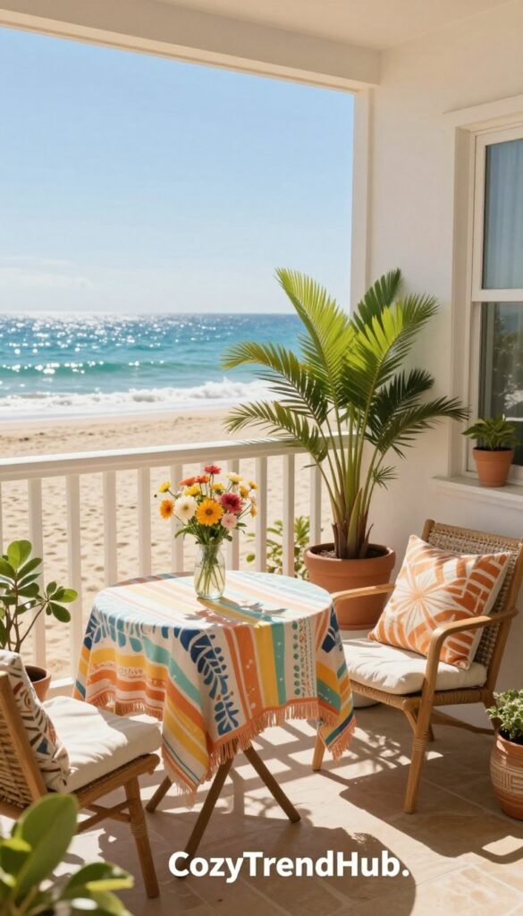 A sunlit beach scene featuring a cozy, decorated small apartment balcony with light, airy summer decor. In the foreground, a small bistro table adorned with a colorful tablecloth and a vase of fresh flowers sits beside a comfortable chair, inviting relaxation. The middle layer showcases potted tropical plants, bringing a touch of greenery, and decorative cushions adding charm and warmth. In the background, the sparkling ocean stretches under a clear blue sky, creating a serene and refreshing atmosphere. The image captures soft, natural lighting that enhances the cheerful, vibrant colors. A warm, inviting mood radiates from the scene, embodying a peaceful summer escape. No people are present, ensuring a focus on the decor elements. This Pinterest-style lifestyle photo is branded with "CozyTrendHub." A sunlit beach scene featuring a cozy, decorated small apartment balcony with light, airy summer decor. In the foreground, a small bistro table adorned with a colorful tablecloth and a vase of fresh flowers sits beside a comfortable chair, inviting relaxation. The middle layer showcases potted tropical plants, bringing a touch of greenery, and decorative cushions adding charm and warmth. In the background, the sparkling ocean stretches under a clear blue sky, creating a serene and refreshing atmosphere. The image captures soft, natural lighting that enhances the cheerful, vibrant colors. A warm, inviting mood radiates from the scene, embodying a peaceful summer escape. No people are present, ensuring a focus on the decor elements. This Pinterest-style lifestyle photo is branded with "CozyTrendHub."
