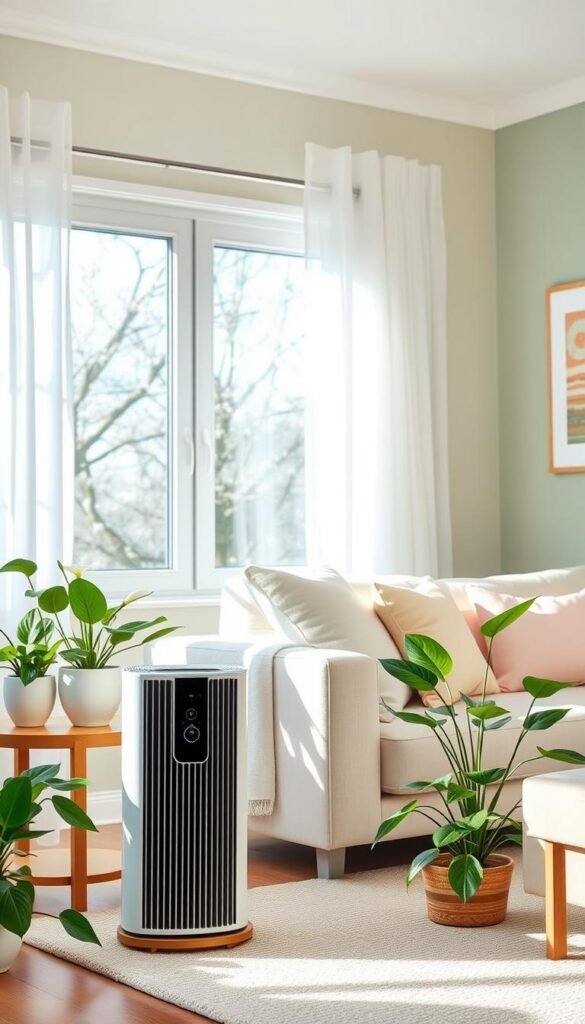 A sunlit, cozy living room with clean, allergen-friendly decor. In the foreground, a stylish air purifier with a sleek design sits on a wooden side table, surrounded by vibrant indoor plants known for their air-purifying qualities, such as peace lilies and snake plants. The middle ground features a plush, light-colored sofa adorned with soft pastel cushions, inviting a spring feel. A gently lit window with sheer white curtains reveals blooming trees outside, softly diffusing natural light. In the background, the walls are painted a calming pale green, decorated with minimalist art that enhances the serene atmosphere. The overall mood is fresh and peaceful, embodying a sense of renewal. This image reflects the seasonal transition while highlighting the importance of air quality in home decor, suitable for CozyTrendHub. A sunlit, cozy living room with clean, allergen-friendly decor. In the foreground, a stylish air purifier with a sleek design sits on a wooden side table, surrounded by vibrant indoor plants known for their air-purifying qualities, such as peace lilies and snake plants. The middle ground features a plush, light-colored sofa adorned with soft pastel cushions, inviting a spring feel. A gently lit window with sheer white curtains reveals blooming trees outside, softly diffusing natural light. In the background, the walls are painted a calming pale green, decorated with minimalist art that enhances the serene atmosphere. The overall mood is fresh and peaceful, embodying a sense of renewal. This image reflects the seasonal transition while highlighting the importance of air quality in home decor, suitable for CozyTrendHub.