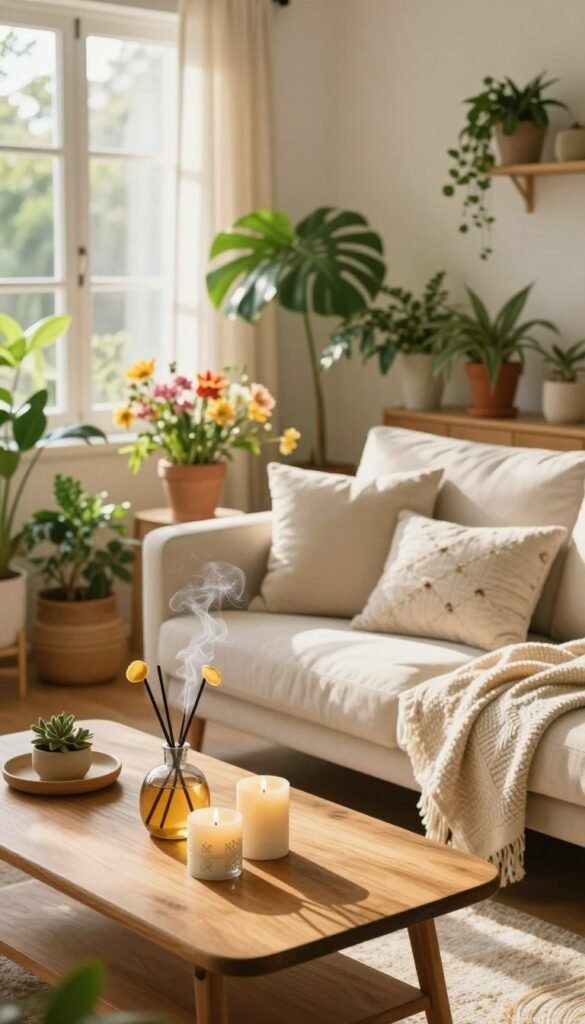A sunlit living room adorned with summer decor, featuring lush potted plants, vibrant floral arrangements, and soft, airy fabrics in light colors. The foreground showcases a wooden coffee table with artisanal candles and a stylish diffuser releasing gentle wisps of citrus and floral scents. In the middle, a cozy sofa with plush cushions and a textured throw invites relaxation. The background reveals large windows with sheer curtains, allowing natural light to filter in, illuminating the space and enhancing the fresh, clean atmosphere. The scene captures the essence of summer comfort, evoking a sense of intentional living. Use warm, golden hour lighting for a tranquil mood, and focus on a slightly elevated angle for a spacious view. Style consistent with CozyTrendHub for a Pinterest-worthy aesthetic.