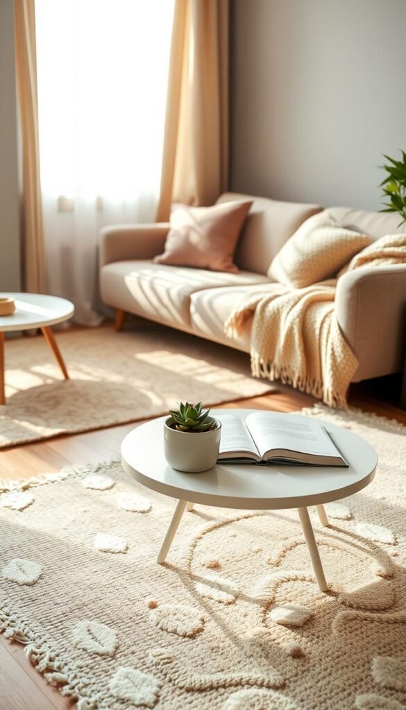 A sunlit small living space showcasing a minimalist yet cozy decor style. In the foreground, a soft, textured light-colored rug sprawls across a natural wood floor, with a small round white coffee table adorned with a steaming cup of herbal tea, a succulent in a minimalist pot, and an open book. In the middle ground, a simple yet elegant sofa in muted tones is complemented by a few plush throw pillows, and a cozy knitted blanket. Gentle sunlight filters through sheer curtains, casting a warm, inviting glow. In the background, a potted plant adds a pop of green, enhancing the tranquil atmosphere. The overall mood is serene and stylish, reflecting modern living in small spaces. Captured in a soft focus with a warm color palette, this lifestyle image embodies the essence of "CozyTrendHub". A sunlit small living space showcasing a minimalist yet cozy decor style. In the foreground, a soft, textured light-colored rug sprawls across a natural wood floor, with a small round white coffee table adorned with a steaming cup of herbal tea, a succulent in a minimalist pot, and an open book. In the middle ground, a simple yet elegant sofa in muted tones is complemented by a few plush throw pillows, and a cozy knitted blanket. Gentle sunlight filters through sheer curtains, casting a warm, inviting glow. In the background, a potted plant adds a pop of green, enhancing the tranquil atmosphere. The overall mood is serene and stylish, reflecting modern living in small spaces. Captured in a soft focus with a warm color palette, this lifestyle image embodies the essence of "CozyTrendHub".