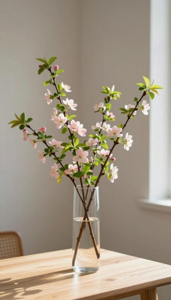 A tall, clear glass vase filled with elegant, blooming spring branches, featuring fresh green leaves and delicate, soft pink blossoms. The vase stands on a light, minimalist wooden table, emphasizing a clean and modern aesthetic. In the foreground, the texture of the wooden surface adds warmth to the scene. The middle section displays the tall vase beautifully arranged, while the background features a softly blurred, neutral-toned wall, allowing the vibrant branches to stand out. Natural sunlight streams in from a nearby window, casting gentle shadows and creating a serene, inviting atmosphere. This poster-worthy composition, styled in a cozy yet modern manner, captures the essence of minimalist spring decor. Ideal for CozyTrendHub.