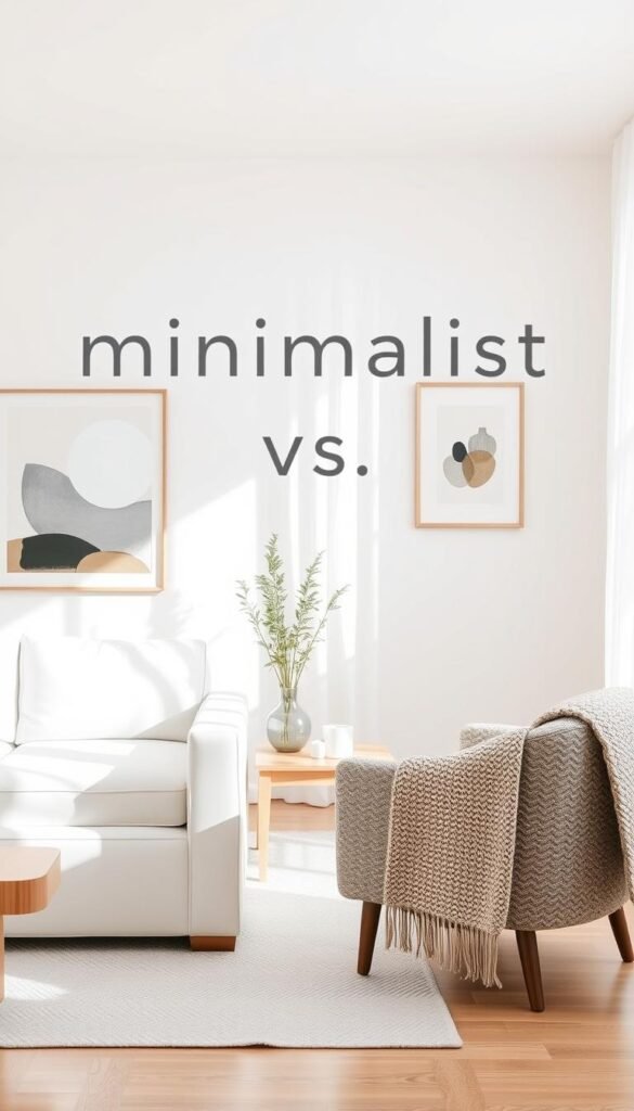 A thoughtfully arranged room showcasing a comparison between minimalist and cozy decor styles. In the foreground, a sleek, white sofa with clean lines and a simple, abstract artwork above it represents the minimalist aesthetic. Opposite, a plush, patterned armchair with a knitted throw blanket exudes cozy warmth. The middle section features a light wooden coffee table with a few carefully chosen decor items—perhaps a small potted plant and a minimalist vase. The background showcases light, airy walls adorned with tasteful wall art encapsulating both styles, bathed in soft, natural sunlight filtering through sheer curtains. The atmosphere feels tranquil and inviting, embodying the essence of "CozyTrendHub" where minimalist meets cozy in harmonious balance. A thoughtfully arranged room showcasing a comparison between minimalist and cozy decor styles. In the foreground, a sleek, white sofa with clean lines and a simple, abstract artwork above it represents the minimalist aesthetic. Opposite, a plush, patterned armchair with a knitted throw blanket exudes cozy warmth. The middle section features a light wooden coffee table with a few carefully chosen decor items—perhaps a small potted plant and a minimalist vase. The background showcases light, airy walls adorned with tasteful wall art encapsulating both styles, bathed in soft, natural sunlight filtering through sheer curtains. The atmosphere feels tranquil and inviting, embodying the essence of "CozyTrendHub" where minimalist meets cozy in harmonious balance.