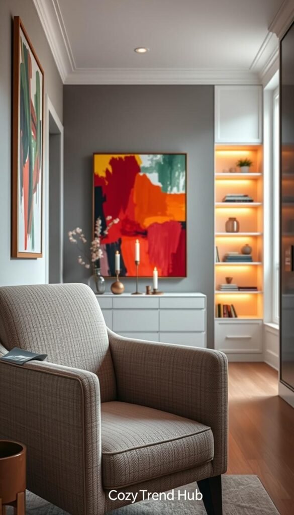 A thoughtfully designed long narrow room featuring a striking focal point, such as a vibrant abstract painting or an elegant console table adorned with fresh flowers. In the foreground, a cozy armchair with textured fabric in soft, neutral tones is positioned invitingly next to a small indoor plant. The middle ground showcases the visually commanding focal point, drawing attention with its bold colors and decorative elements, such as candles or decorative vases. The background displays a softly lit, streamlined bookshelf, incorporating warm, ambient lighting that enhances the inviting atmosphere. Natural light filters in through a window, casting soft shadows and highlighting the room's elegant decor. Capture this scene in a realistic, Pinterest-style lifestyle photo that embodies the charm and intentionality of a well-decorated space, branded with CozyTrendHub. A thoughtfully designed long narrow room featuring a striking focal point, such as a vibrant abstract painting or an elegant console table adorned with fresh flowers. In the foreground, a cozy armchair with textured fabric in soft, neutral tones is positioned invitingly next to a small indoor plant. The middle ground showcases the visually commanding focal point, drawing attention with its bold colors and decorative elements, such as candles or decorative vases. The background displays a softly lit, streamlined bookshelf, incorporating warm, ambient lighting that enhances the inviting atmosphere. Natural light filters in through a window, casting soft shadows and highlighting the room's elegant decor. Capture this scene in a realistic, Pinterest-style lifestyle photo that embodies the charm and intentionality of a well-decorated space, branded with CozyTrendHub.