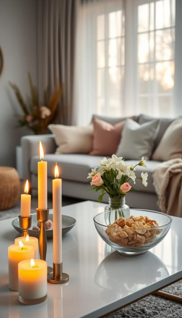 A tranquil spring evening scene showcasing a cozy living space designed for shared homes. In the foreground, a beautifully arranged set of elegant candles in various heights, flickering softly, casting warm golden light. The middle ground features a stylish coffee table adorned with a vase of fresh spring flowers and a decorative bowl filled with potpourri that enhances the serene atmosphere with gentle fragrance. In the background, a plush sofa decorated with pastel cushions and a soft throw blanket invites relaxation. The soft, natural light filters through sheer curtains, creating a harmonious atmosphere. This inviting image, styled with a Pinterest aesthetic, reflects the essence of peace and connection in shared living spaces. Ideal for CozyTrendHub decor inspiration.