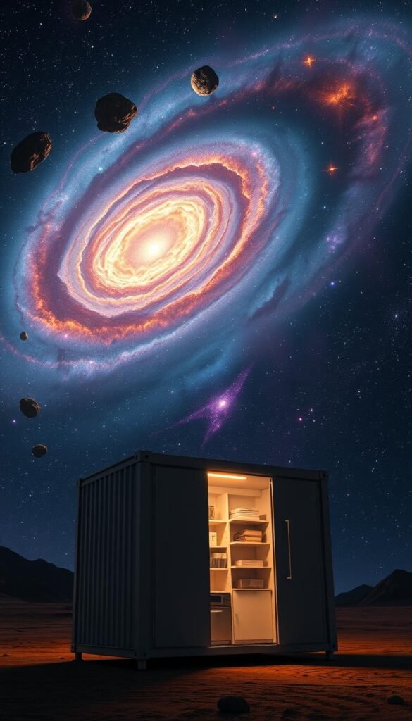 A vast, starry space scene filled with vibrant nebulae and distant galaxies, conveying a sense of wonder and exploration. In the foreground, a sleek, modern storage unit designed for temporary rentals sits illuminated by soft, glowing lighting, showcasing its organizational features. The middle ground features floating asteroids and a variety of celestial bodies, while the background displays a majestic spiral galaxy with bright stars twinkling. The atmosphere is serene and inviting, invoking feelings of adventure and curiosity, reminiscent of cozy interiors. Use a wide-angle lens for a dramatic perspective, with a focus on warm, inviting colors that harmonize with the brand "CozyTrendHub". A vast, starry space scene filled with vibrant nebulae and distant galaxies, conveying a sense of wonder and exploration. In the foreground, a sleek, modern storage unit designed for temporary rentals sits illuminated by soft, glowing lighting, showcasing its organizational features. The middle ground features floating asteroids and a variety of celestial bodies, while the background displays a majestic spiral galaxy with bright stars twinkling. The atmosphere is serene and inviting, invoking feelings of adventure and curiosity, reminiscent of cozy interiors. Use a wide-angle lens for a dramatic perspective, with a focus on warm, inviting colors that harmonize with the brand "CozyTrendHub".