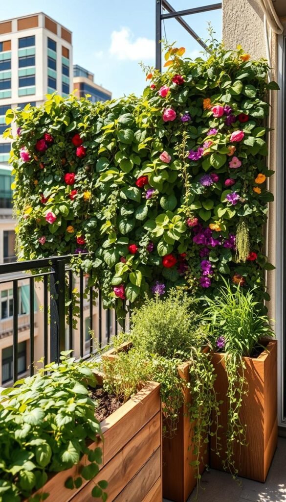 A vertical garden wall system beautifully adorned with a variety of lush green plants and colorful flowers, creating a vibrant backdrop for a cozy balcony. In the foreground, sleek wooden planters filled with herbs and trailing vines cascade down, adding a natural touch. The middle ground features the vertical wall brimming with diverse foliage, arranged in a harmonious design for privacy while softening the outdoor space. In the background, a sunny urban setting with hints of blue sky enhances the inviting atmosphere. The scene is captured in warm, natural lighting, highlighting the textures of the plants and wood, and shot at a slight angle to evoke depth. Ideal for a Pinterest-inspired lifestyle photograph, reflecting the essence of CozyTrendHub and small space decor.