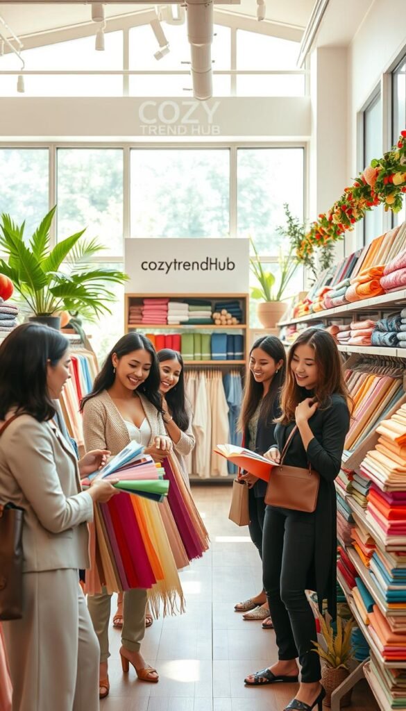 A vibrant and inviting shopping scene set in a stylish, well-organized store, emphasizing budget-friendly summer textiles. In the foreground, a diverse group of shoppers in professional attire and casual clothing enthusiastically examining colorful fabric swatches and textiles, their expressions highlighting excitement and satisfaction. The middle ground showcases neatly arranged shelves with various summer-oriented fabrics, such as lightweight cottons and breathable linens in bright, cheerful colors. The background features large windows allowing warm, natural sunlight to flood the space, enhancing the inviting atmosphere. Incorporate elements like decorative plants and seasonal decor to create a cozy vibe, branded subtly with "CozyTrendHub" on display. The image should evoke a sense of discovery and affordability, capturing the joy of shopping for budget-friendly summer textiles. A vibrant and inviting shopping scene set in a stylish, well-organized store, emphasizing budget-friendly summer textiles. In the foreground, a diverse group of shoppers in professional attire and casual clothing enthusiastically examining colorful fabric swatches and textiles, their expressions highlighting excitement and satisfaction. The middle ground showcases neatly arranged shelves with various summer-oriented fabrics, such as lightweight cottons and breathable linens in bright, cheerful colors. The background features large windows allowing warm, natural sunlight to flood the space, enhancing the inviting atmosphere. Incorporate elements like decorative plants and seasonal decor to create a cozy vibe, branded subtly with "CozyTrendHub" on display. The image should evoke a sense of discovery and affordability, capturing the joy of shopping for budget-friendly summer textiles.