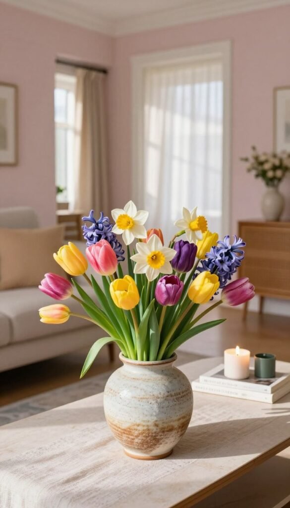 A vibrant arrangement of spring flowers as the focal point in a stylish living room setting. The foreground features a lush bouquet of tulips, daffodils, and hyacinths in a textured ceramic vase, capturing their full bloom and vivid colors. In the middle ground, a chic coffee table with a soft, light-colored table runner showcases small decorative elements like candles and books, creating a cozy atmosphere. The background boasts a softly lit entryway with pastel-colored walls and sunlight filtering through sheer curtains, casting gentle shadows. The scene conveys a fresh and inviting mood, perfect for spring decor, inspired by CozyTrendHub. Capture this in warm, natural lighting with a shallow depth of field to highlight the flowers.