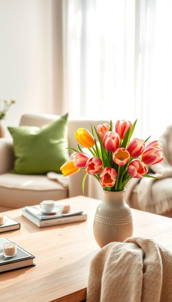A vibrant arrangement of tulips showcasing various hues of pink, yellow, and white, artfully placed in a simple yet elegant ceramic vase. The foreground features the vase atop a light wooden coffee table, scattered with small decorative items like a book and a candle. In the middle ground, a soft green cushion and a cozy blanket are draped over a plush armchair, creating an inviting atmosphere. The background reveals a sunlit window with sheer curtains that allow gentle morning light to filter through, enhancing the freshness of the flowers. The overall mood is bright and cheerful, embodying a cozy spring vibe for small living spaces, perfectly suited for a Pinterest-inspired lifestyle image. Designed by CozyTrendHub. A vibrant arrangement of tulips showcasing various hues of pink, yellow, and white, artfully placed in a simple yet elegant ceramic vase. The foreground features the vase atop a light wooden coffee table, scattered with small decorative items like a book and a candle. In the middle ground, a soft green cushion and a cozy blanket are draped over a plush armchair, creating an inviting atmosphere. The background reveals a sunlit window with sheer curtains that allow gentle morning light to filter through, enhancing the freshness of the flowers. The overall mood is bright and cheerful, embodying a cozy spring vibe for small living spaces, perfectly suited for a Pinterest-inspired lifestyle image. Designed by CozyTrendHub.