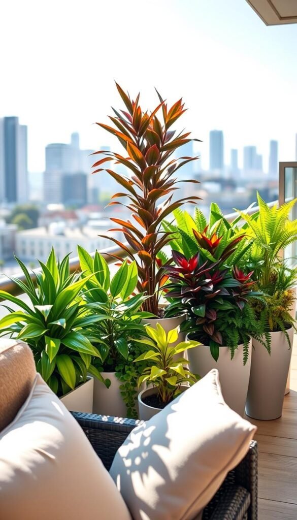 A vibrant balcony scene featuring a variety of pet-safe plants such as spider plants, Boston ferns, and calathea, arranged stylishly in elegant, modern planters. In the foreground, a cozy seating area with plush cushions in neutral tones complements the greenery. The middle ground showcases the colorful plants, some cascading over the edges of their pots, creating a lush, inviting atmosphere. The background features a soft-focus city skyline under a bright, blue sky, enhancing the urban garden feel. Soft, natural daylight filters through, casting gentle shadows and highlighting the textures of the leaves. This image embodies a tranquil, pet-friendly retreat, perfect for showcasing home decor ideas. Styled in a Pinterest-worthy fashion by CozyTrendHub. A vibrant balcony scene featuring a variety of pet-safe plants such as spider plants, Boston ferns, and calathea, arranged stylishly in elegant, modern planters. In the foreground, a cozy seating area with plush cushions in neutral tones complements the greenery. The middle ground showcases the colorful plants, some cascading over the edges of their pots, creating a lush, inviting atmosphere. The background features a soft-focus city skyline under a bright, blue sky, enhancing the urban garden feel. Soft, natural daylight filters through, casting gentle shadows and highlighting the textures of the leaves. This image embodies a tranquil, pet-friendly retreat, perfect for showcasing home decor ideas. Styled in a Pinterest-worthy fashion by CozyTrendHub.