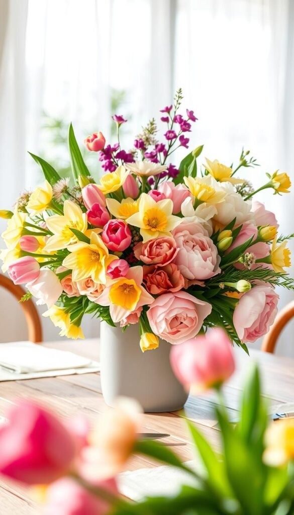 A vibrant collection of fresh spring flowers artfully arranged in a modern, minimalist vase, set on a rustic wooden table. The foreground features a lush mix of tulips, daffodils, and peonies in soft pastels and bright hues, capturing the essence of spring. In the middle ground, gently blurred to enhance focus on the flowers, a beautifully styled table setting with light, airy textiles complements the floral arrangement. The background reveals a sunlit window draped with sheer curtains, casting soft, natural light over the scene, creating a warm and inviting atmosphere. The overall mood is cheerful and refreshing, perfect for home decor inspiration. This image embodies the essence of "Spring flowers without the weekly upkeep," ideal for CozyTrendHub's seasonal theme.