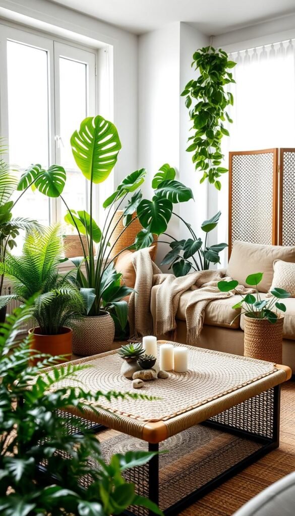 A vibrant living room in a cozy apartment filled with lush greenery, featuring various houseplants like ferns, succulents, and a tall monstera placed strategically. In the foreground, a modern, woven coffee table is adorned with decorative stones and small candles, creating a warm atmosphere. The middle ground showcases a comfortable sofa draped with a textured throw, adding a pop of color, while a decorative screen in the background provides privacy and depth. Soft, natural light filters through large windows, highlighting the refreshing ambiance. Use a slight angle to capture the space, focusing on the blend of greenery and stylish decor, reminiscent of a Pinterest lifestyle aesthetic. The overall mood is inviting and serene, reflecting a personality-infused space from CozyTrendHub. A vibrant living room in a cozy apartment filled with lush greenery, featuring various houseplants like ferns, succulents, and a tall monstera placed strategically. In the foreground, a modern, woven coffee table is adorned with decorative stones and small candles, creating a warm atmosphere. The middle ground showcases a comfortable sofa draped with a textured throw, adding a pop of color, while a decorative screen in the background provides privacy and depth. Soft, natural light filters through large windows, highlighting the refreshing ambiance. Use a slight angle to capture the space, focusing on the blend of greenery and stylish decor, reminiscent of a Pinterest lifestyle aesthetic. The overall mood is inviting and serene, reflecting a personality-infused space from CozyTrendHub.
