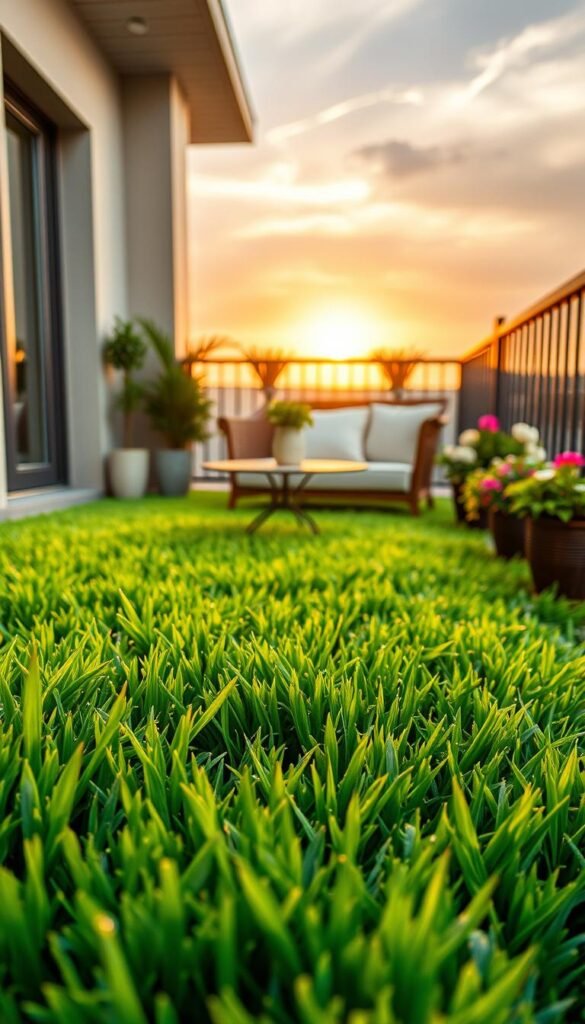 A vibrant, lush green turf covering a stylish balcony floor, carefully arranged with decorative elements. In the foreground, thick, textured grass blades glisten with morning dew, while a cozy, minimalist seating area features two soft, plush cushions in pastel tones. In the middle ground, a small, elegant round table with a decorative plant creates an inviting atmosphere for summer evenings. The background showcases a warm sunset sky casting golden light, enhancing the serene vibe. A few potted flowers add color, evoking a cheerful outdoor space. The overall mood is tranquil and inviting, perfect for relaxation. Captured with a soft focus lens to create a warm ambiance, embodying the essence of stylish balcony decor. CozyTrendHub. A vibrant, lush green turf covering a stylish balcony floor, carefully arranged with decorative elements. In the foreground, thick, textured grass blades glisten with morning dew, while a cozy, minimalist seating area features two soft, plush cushions in pastel tones. In the middle ground, a small, elegant round table with a decorative plant creates an inviting atmosphere for summer evenings. The background showcases a warm sunset sky casting golden light, enhancing the serene vibe. A few potted flowers add color, evoking a cheerful outdoor space. The overall mood is tranquil and inviting, perfect for relaxation. Captured with a soft focus lens to create a warm ambiance, embodying the essence of stylish balcony decor. CozyTrendHub.