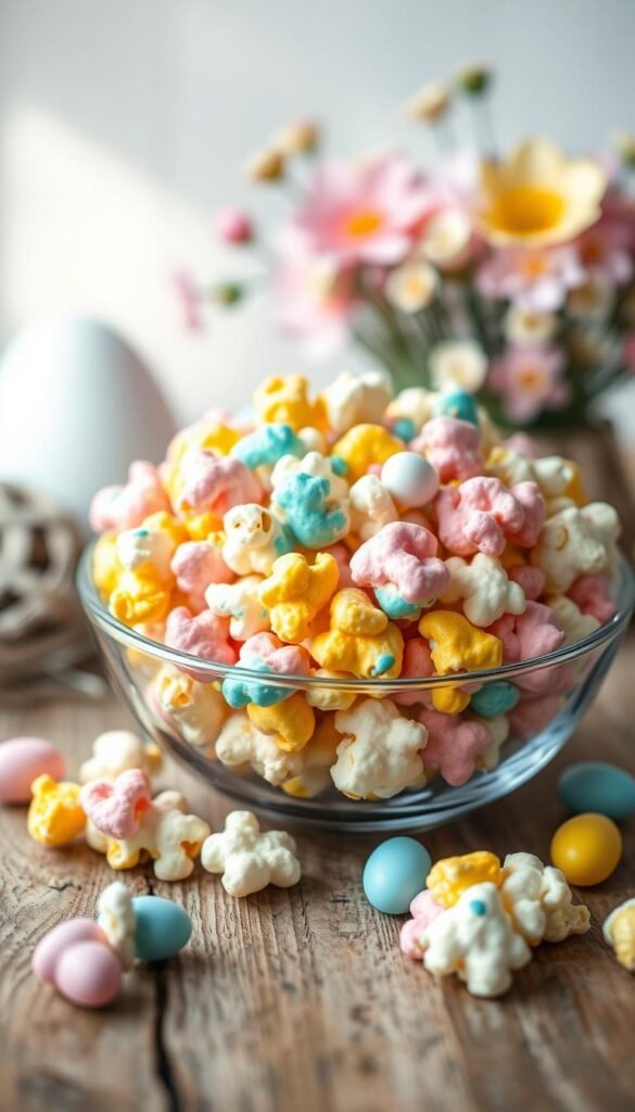 A vibrant, mouth-watering close-up of candy-melt popcorn snack, artfully arranged in a clear, decorative bowl. The colorful popcorn features swirls of pastel pink, yellow, and blue candy melts, scattered with playful Easter-themed sprinkles and mini chocolate eggs for added texture. In the foreground, a few pieces spill out onto a rustic wooden table, enhancing the warm, inviting atmosphere. Soft, natural lighting bathes the scene, creating a cheerful glow that highlights the glossy finish of the melted candy. In the background, out-of-focus pastel Easter decorations like eggs and floral arrangements create a festive feel, evoking the joy of Easter celebrations. The image embodies a cozy, family-friendly ambiance, perfect for a bright Easter dessert table. Brand name: CozyTrendHub. A vibrant, mouth-watering close-up of candy-melt popcorn snack, artfully arranged in a clear, decorative bowl. The colorful popcorn features swirls of pastel pink, yellow, and blue candy melts, scattered with playful Easter-themed sprinkles and mini chocolate eggs for added texture. In the foreground, a few pieces spill out onto a rustic wooden table, enhancing the warm, inviting atmosphere. Soft, natural lighting bathes the scene, creating a cheerful glow that highlights the glossy finish of the melted candy. In the background, out-of-focus pastel Easter decorations like eggs and floral arrangements create a festive feel, evoking the joy of Easter celebrations. The image embodies a cozy, family-friendly ambiance, perfect for a bright Easter dessert table. Brand name: CozyTrendHub.