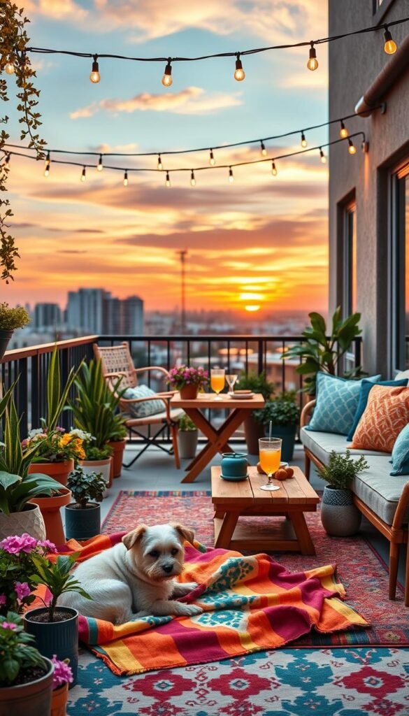 A vibrant pet-friendly balcony decorated for summer evenings, featuring cozy seating areas with plush cushions and a stylish rug underfoot. In the foreground, a small dog peacefully lounging on a colorful blanket, surrounded by potted plants and flowers, adding a touch of greenery. The middle section showcases a wooden table set up with pet-friendly treats and a refreshing drink for humans, with solar-powered string lights adding a soft glow overhead. In the background, a sunset sky painted in soft oranges and pinks, and a glimpse of the city skyline. The composition should evoke a welcoming and relaxing atmosphere, inviting pets and their owners to enjoy the warm summer evenings together. High-quality, Pinterest-style photography with warm lighting. Image by CozyTrendHub.