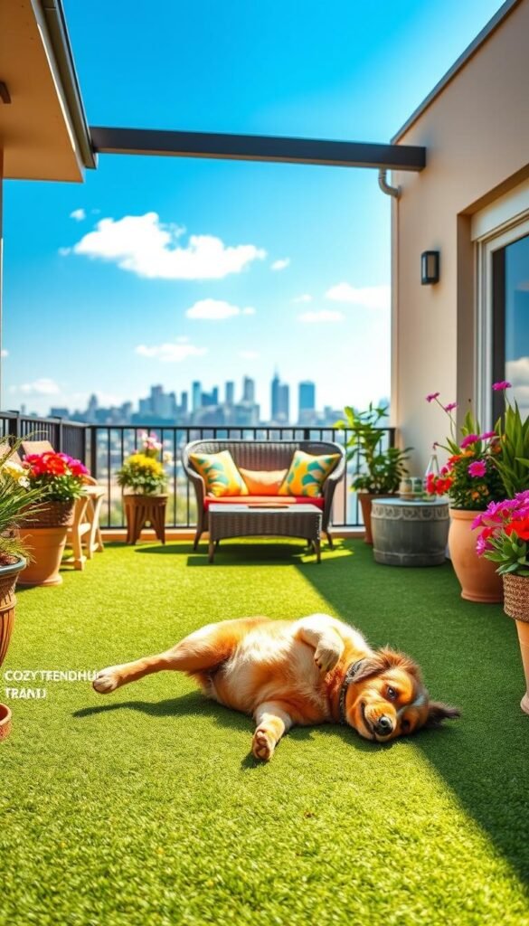 A vibrant pet-friendly balcony featuring lush artificial grass flooring that’s soft and inviting. In the foreground, a playful dog is happily rolling on the grass, while a stylish wicker furniture set with colorful cushions sits elegantly in the middle ground. Potted plants with vibrant flowers surround the space, enhancing the atmosphere of relaxation. In the background, a soft-focus city skyline under a bright blue sky creates a cheerful ambiance. The lighting is warm and bright, evoking a sunny afternoon. Capture the scene with a slightly elevated angle to showcase the full layout, emphasizing the cozy outdoor living space. This image, branded with "CozyTrendHub," reflects a blissful pet-friendly environment that handles mess, heat, and zoomies effectively. A vibrant pet-friendly balcony featuring lush artificial grass flooring that’s soft and inviting. In the foreground, a playful dog is happily rolling on the grass, while a stylish wicker furniture set with colorful cushions sits elegantly in the middle ground. Potted plants with vibrant flowers surround the space, enhancing the atmosphere of relaxation. In the background, a soft-focus city skyline under a bright blue sky creates a cheerful ambiance. The lighting is warm and bright, evoking a sunny afternoon. Capture the scene with a slightly elevated angle to showcase the full layout, emphasizing the cozy outdoor living space. This image, branded with "CozyTrendHub," reflects a blissful pet-friendly environment that handles mess, heat, and zoomies effectively.