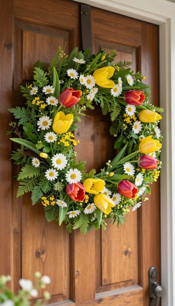 A vibrant spring wreath adorned with colorful flowers, including vivid tulips, daisies, and cheerful greenery, prominently displayed on a rustic wooden front door. The foreground captures the wreath in delightful detail, emphasizing the texture of the blooms and leaves. In the middle ground, soft, natural lighting gently enhances the colors, creating a fresh and inviting ambiance. The background features a hint of blooming spring plants and a classic porch, contributing to a cozy, welcoming atmosphere. The lens captures the scene at a slight angle, evoking a sense of depth and realism. This Pinterest-style lifestyle photo embodies the seasonal theme of rejuvenation and comfort, ideal for home decor enthusiasts. CozyTrendHub.