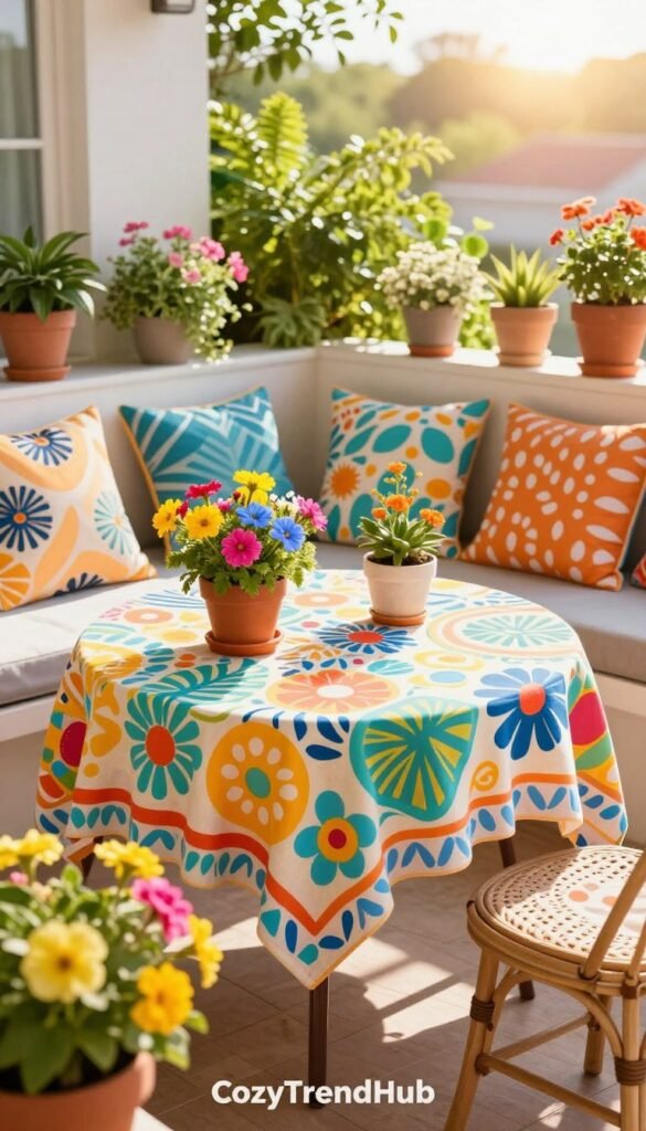 A vibrant summer balcony scene showcasing colorful decor elements designed for small spaces. In the foreground, a cozy bistro table adorned with a vibrant tablecloth featuring lively patterns, surrounded by potted plants with bright flowers in shades of yellow, pink, and blue. The middle ground contains comfortable seating with stylish cushions in varying colors, creating an inviting atmosphere. In the background, warm golden sunlight filters through lush green plants, enhancing the brightness of the scene. Capture this from a slightly elevated angle to showcase the depth and arrangement of decor. Aim for a Pinterest-worthy lifestyle photo ambiance, evoking a cheerful and refreshing summer vibe. Brand name: CozyTrendHub.