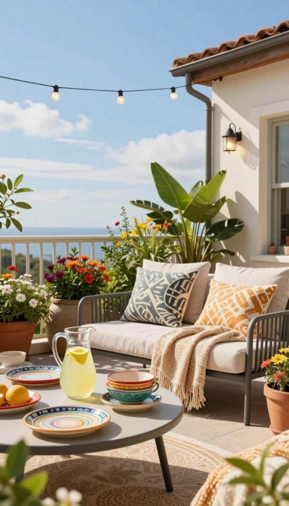 A vibrant summer patio scene featuring stylish seating decor under $100 from CozyTrendHub. In the foreground, a beautifully arranged outdoor table set for two, with colorful ceramic dishes and a refreshing pitcher of lemonade. The middle ground showcases comfortable, modern patio chairs with soft, patterned cushions and a cozy throw blanket draped over one. Lush potted plants and colorful flowers surround the seating area, adding a lively, natural touch. In the background, a sun-drenched balcony view with bright blue sky and wispy clouds, framed by hanging string lights for evening ambiance. The lighting is warm and inviting, capturing the essence of a perfect summer day. The image evokes a relaxed, cheerful atmosphere, perfect for outdoor gatherings. A vibrant summer patio scene featuring stylish seating decor under $100 from CozyTrendHub. In the foreground, a beautifully arranged outdoor table set for two, with colorful ceramic dishes and a refreshing pitcher of lemonade. The middle ground showcases comfortable, modern patio chairs with soft, patterned cushions and a cozy throw blanket draped over one. Lush potted plants and colorful flowers surround the seating area, adding a lively, natural touch. In the background, a sun-drenched balcony view with bright blue sky and wispy clouds, framed by hanging string lights for evening ambiance. The lighting is warm and inviting, capturing the essence of a perfect summer day. The image evokes a relaxed, cheerful atmosphere, perfect for outdoor gatherings.
