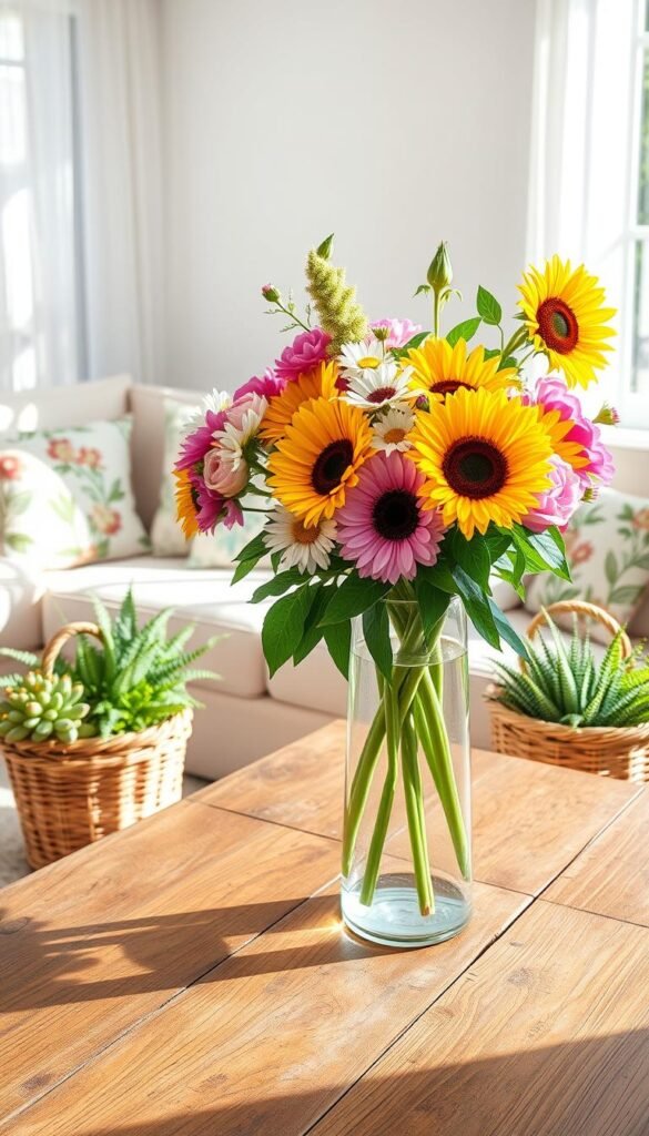 A vibrant summer scene featuring an exquisite arrangement of colorful flowers in a cozy living room. In the foreground, a rustic wooden table showcases a bright bouquet of sunflowers, daisies, and peonies in a clear glass vase, surrounded by lush green foliage. The middle ground presents a stylish couch adorned with summer-themed cushions, and a woven basket filled with assorted potted plants like ferns and succulents adds a touch of greenery. In the background, soft sunlight filters through sheer curtains, casting gentle shadows and creating a warm, welcoming atmosphere. The overall aesthetic is bright and cheerful, embodying a Pinterest-worthy lifestyle. The image embodies the brand spirit of CozyTrendHub, illustrating how flowers and greenery can effortlessly elevate home decor.