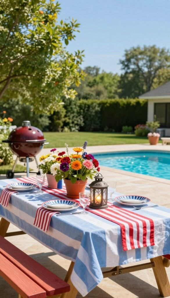 A vibrant summer scene showcasing an outdoor patio decorated with seasonal Americana accents for cookouts and pool days. In the foreground, there are colorful picnic table settings with red, white, and blue tablecloths, vintage-inspired dinnerware, and rustic lanterns casting a warm glow. In the middle ground, a cheerful arrangement of potted flowers in patriotic hues flanks the table, and a classic barbecue grill is subtly placed, hinting at summertime gatherings. The background features a clear blue sky, lush green trees, and the soft ripple of a nearby pool reflecting sunlight. The atmosphere is bright, inviting, and relaxed, evoking the joy of summer days spent outdoors. The scene is perfectly styled for CozyTrendHub, capturing the essence of seasonal decor. Natural lighting enhances the freshness of the decor, creating a Pinterest-worthy lifestyle photo. A vibrant summer scene showcasing an outdoor patio decorated with seasonal Americana accents for cookouts and pool days. In the foreground, there are colorful picnic table settings with red, white, and blue tablecloths, vintage-inspired dinnerware, and rustic lanterns casting a warm glow. In the middle ground, a cheerful arrangement of potted flowers in patriotic hues flanks the table, and a classic barbecue grill is subtly placed, hinting at summertime gatherings. The background features a clear blue sky, lush green trees, and the soft ripple of a nearby pool reflecting sunlight. The atmosphere is bright, inviting, and relaxed, evoking the joy of summer days spent outdoors. The scene is perfectly styled for CozyTrendHub, capturing the essence of seasonal decor. Natural lighting enhances the freshness of the decor, creating a Pinterest-worthy lifestyle photo.