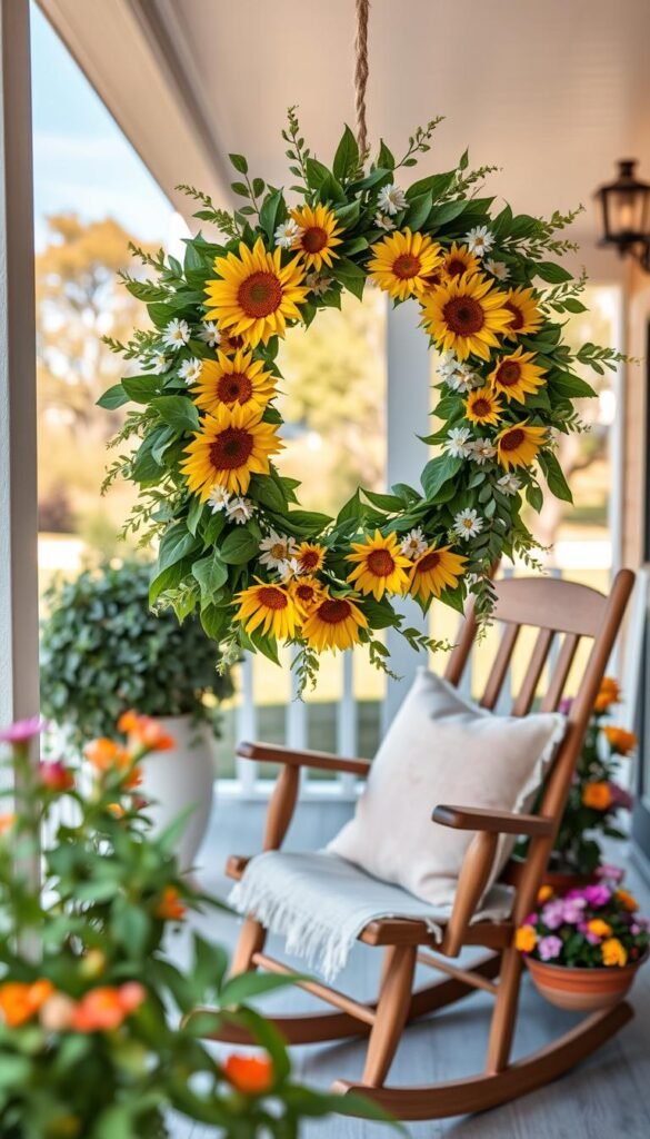 A vibrant summer wreath made of lush greenery, bright yellow sunflowers, and delicate white daisies, elegantly hung on a small porch wall. The wreath is the focal point in the foreground, showcasing intricate details of leaves and flowers. In the middle ground, a cozy, rustic porch setting features a wooden rocking chair adorned with a soft, pastel throw pillow, alongside potted plants with colorful blooms, enhancing the summer vibe. The background includes a sunny landscape with soft blue skies and gentle sunlight filtering through trees, creating a warm and inviting atmosphere. Captured with a shallow depth of field to emphasize the wreath, this image embodies the perfect Pinterest-style lifestyle decor that resonates with the essence of summer. Branding: CozyTrendHub. A vibrant summer wreath made of lush greenery, bright yellow sunflowers, and delicate white daisies, elegantly hung on a small porch wall. The wreath is the focal point in the foreground, showcasing intricate details of leaves and flowers. In the middle ground, a cozy, rustic porch setting features a wooden rocking chair adorned with a soft, pastel throw pillow, alongside potted plants with colorful blooms, enhancing the summer vibe. The background includes a sunny landscape with soft blue skies and gentle sunlight filtering through trees, creating a warm and inviting atmosphere. Captured with a shallow depth of field to emphasize the wreath, this image embodies the perfect Pinterest-style lifestyle decor that resonates with the essence of summer. Branding: CozyTrendHub.