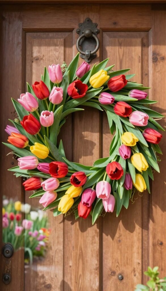 A vibrant tulip wreath bursting with bold colors dominates the forefront, featuring rich shades of red, pink, and yellow tulips in various stages of bloom, interspersed with lush green foliage. The wreath is artistically arranged on a rustic wooden front door, adorned with iron knocker details, creating a charming contrast. Soft, natural sunlight filters through, casting gentle shadows and enhancing the floral textures. In the background, a blurred pastel-colored garden is visible, hinting at the beauty of springtime. The scene evokes warmth and freshness, inviting viewers to envision the joys of the season. This realistic, Pinterest-style lifestyle photo reflects home decor aesthetics and seasonal themes, showcasing CozyTrendHub's best spring wreath design.