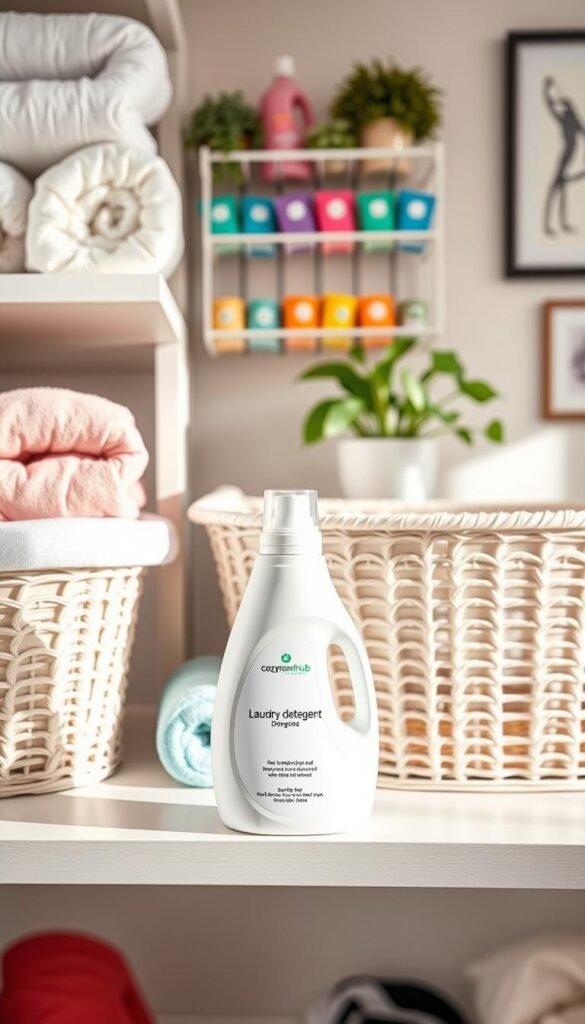 A visually appealing, Pinterest-style lifestyle image of a compact bottle of liquid detergent prominently placed on a neatly organized laundry shelf. In the foreground, the detergent bottle features a modern, sleek design with a minimalist label from the brand "CozyTrendHub," set against a backdrop of soft pastel-colored laundry baskets, rolled towels, and vibrant air fresheners. In the middle, a cozy laundry space with plants and colorful detergent pods harmonizes with the space. The background reveals subtle details like a well-arranged wall-mounted drying rack and framed art that enhances the home decor theme. Soft, natural lighting highlights the scene, creating a warm and inviting atmosphere. The composition is shot from a slightly lower angle to enhance depth, emphasizing the practicality and aesthetic appeal of using smaller laundry products to free up storage space instantly.