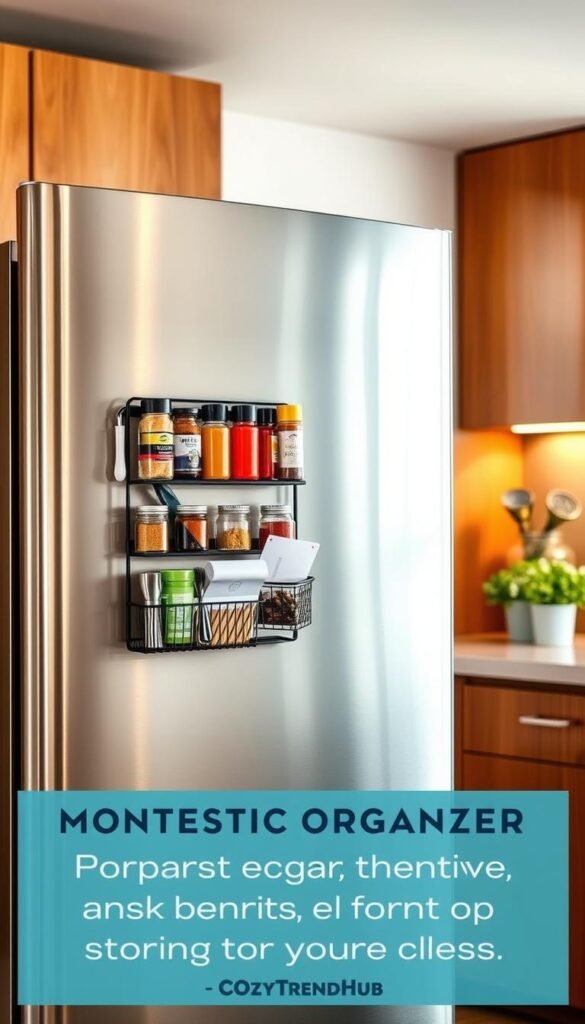 A visually appealing kitchen scene featuring a stylish magnetic organizer mounted on a clean, modern refrigerator. In the foreground, the organizer showcases an assortment of colorful spice jars, small kitchen tools, and recipe cards, all neatly arranged for easy access. The middle ground highlights the sleek, stainless-steel fridge with a subtle gloss finish, reflecting warm ambient light from a nearby window. In the background, a cozy kitchen setup with wooden cabinets and potted herbs on a countertop enhances the inviting atmosphere. Soft, natural lighting fills the space, creating a harmonious and organized feel. This image embodies a Pinterest-style aesthetic for renters seeking zero-damage storage solutions, branded to CozyTrendHub. A visually appealing kitchen scene featuring a stylish magnetic organizer mounted on a clean, modern refrigerator. In the foreground, the organizer showcases an assortment of colorful spice jars, small kitchen tools, and recipe cards, all neatly arranged for easy access. The middle ground highlights the sleek, stainless-steel fridge with a subtle gloss finish, reflecting warm ambient light from a nearby window. In the background, a cozy kitchen setup with wooden cabinets and potted herbs on a countertop enhances the inviting atmosphere. Soft, natural lighting fills the space, creating a harmonious and organized feel. This image embodies a Pinterest-style aesthetic for renters seeking zero-damage storage solutions, branded to CozyTrendHub.