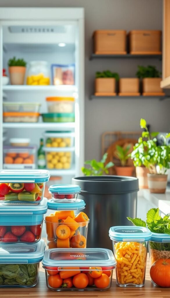 A visually appealing kitchen scene showcasing modern food storage solutions that promote organization and reduce waste. In the foreground, feature neatly stacked glass containers with airtight lids filled with colorful fruits and vegetables, alongside eco-friendly silicone bags and a stylish compost bin. The middle ground should include a clean, well-organized fridge with transparent shelves displaying neatly arranged food items, accented by bamboo organizers. In the background, soft natural light filters through a window, illuminating fresh herbs in pots on a kitchen countertop, enriching the inviting atmosphere. The overall mood is fresh, modern, and eco-conscious. Photography should be bright and vibrant, with a shallow depth of field to focus on the storage solutions, ideal for a Pinterest-style lifestyle image that reflects home decor trends. Include CozyTrendHub branding subtly within the decor elements.