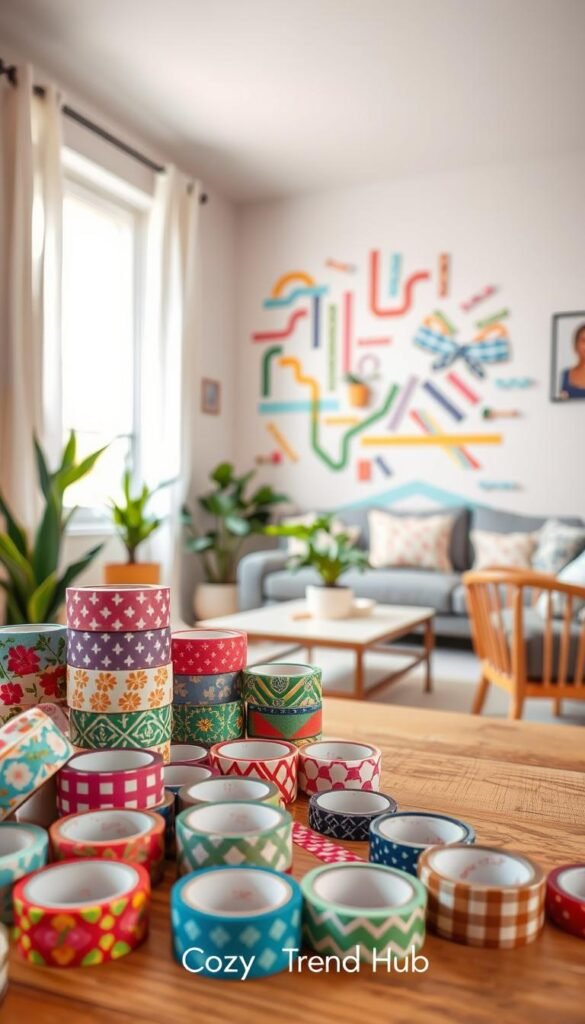 A visually captivating arrangement of colorful washi tape patterns, showcasing a variety of styles and designs. In the foreground, a collection of washi tape rolls in vibrant colors, featuring floral, geometric, and whimsical patterns, neatly organized around a wooden craft table. The middle layer includes a partially decorated wall, adorned with carefully placed washi tape strips creating dynamic shapes and textures. In the background, soft natural light filters through a window, illuminating a cozy, well-styled living space with plants and neutral decor. The atmosphere is warm and inviting, evoking a sense of creativity and DIY spirit. The image captures the essence of home decor with a contemporary touch, branded subtly with "CozyTrendHub" integrated into the scene. A visually captivating arrangement of colorful washi tape patterns, showcasing a variety of styles and designs. In the foreground, a collection of washi tape rolls in vibrant colors, featuring floral, geometric, and whimsical patterns, neatly organized around a wooden craft table. The middle layer includes a partially decorated wall, adorned with carefully placed washi tape strips creating dynamic shapes and textures. In the background, soft natural light filters through a window, illuminating a cozy, well-styled living space with plants and neutral decor. The atmosphere is warm and inviting, evoking a sense of creativity and DIY spirit. The image captures the essence of home decor with a contemporary touch, branded subtly with "CozyTrendHub" integrated into the scene.