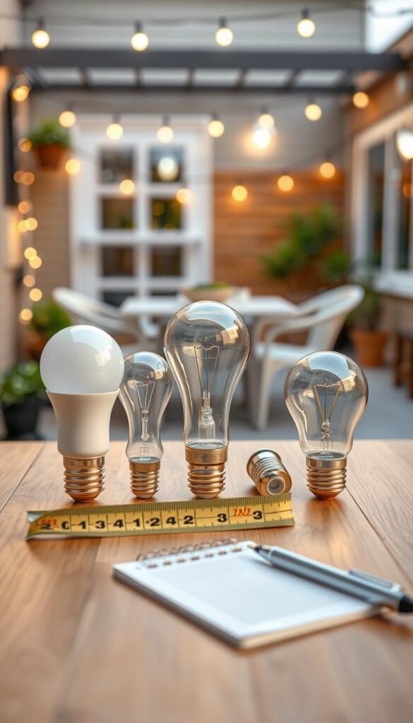 A visually engaging comparison display of various light bulbs suitable for outdoor balcony and patio use, arranged on a clean, modern wooden table. In the foreground, highlight three distinct types of bulbs with their price tags clearly visible: LED, incandescent, and solar-powered. Each bulb should be elegantly styled with soft natural lighting, creating reflections that enhance their shapes and colors. In the middle ground, include a measuring tape and a small notepad with a pen to suggest a cost comparison analysis. The background features a cozy outdoor setting with a blurred patio, decorated with subtle string lights and plants, conveying a warm, inviting atmosphere. Ensure the image reflects a Pinterest-inspired aesthetic, attributed to "CozyTrendHub," capturing the essence of practical outdoor décor choices. A visually engaging comparison display of various light bulbs suitable for outdoor balcony and patio use, arranged on a clean, modern wooden table. In the foreground, highlight three distinct types of bulbs with their price tags clearly visible: LED, incandescent, and solar-powered. Each bulb should be elegantly styled with soft natural lighting, creating reflections that enhance their shapes and colors. In the middle ground, include a measuring tape and a small notepad with a pen to suggest a cost comparison analysis. The background features a cozy outdoor setting with a blurred patio, decorated with subtle string lights and plants, conveying a warm, inviting atmosphere. Ensure the image reflects a Pinterest-inspired aesthetic, attributed to "CozyTrendHub," capturing the essence of practical outdoor décor choices.