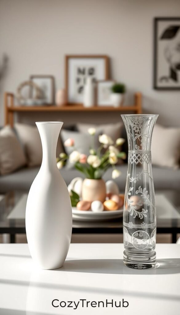 A visually striking comparison of two elegant vases, one modern and minimalist, the other classic with intricate detailing. The foreground features the vases prominently, showcasing their unique designs, materials, and colors&mdash;such as matte white ceramic versus embellished glass. In the middle ground, introduce a tastefully arranged table setting with seasonal floral decorations and Easter elements, like soft pastel colors and decorative eggs. The background should be softly blurred with a cozy, well-lit living space featuring subtle decor elements that enhance the mood of warmth and springtime cheer. Use soft, natural lighting to create a welcoming atmosphere, shot from a slightly elevated angle to capture both vases and their context effectively. The image should reflect the brand ethos of "CozyTrendHub," emphasizing stylish yet accessible home decor ideas.