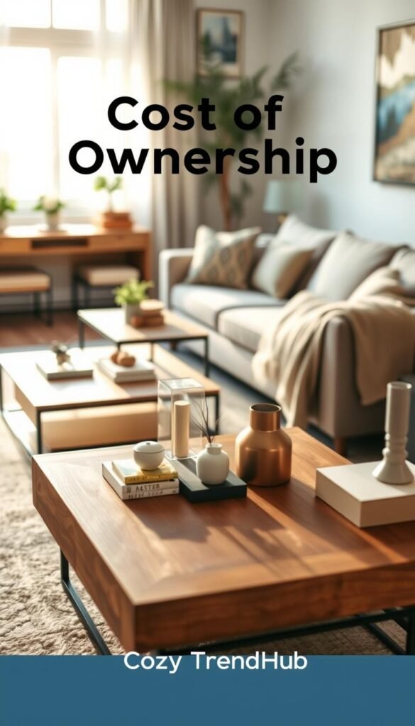 A visually striking image portraying the concept of "Cost of Ownership" through the juxtaposition of budget and premium decor pieces. In the foreground, a stylish living room featuring two distinct coffee tables: one made of affordable materials with a casual decor setup, and the other, an elegant wooden table adorned with high-end accessories. In the middle ground, a comfortable sofa displaying both a budget throw blanket and a luxurious designer pillow. The background reveals a cozy yet modern interior with soft, natural lighting filtering through large windows, creating a warm atmosphere. Utilize a shallow depth of field to highlight the decor pieces while softly blurring the background. The overall mood should be inviting and inspirational, embodying the essence of wise spending and value in home decor. Include the brand name “CozyTrendHub” subtly integrated into the design elements, ensuring it complements the aesthetic without dominating the scene. A visually striking image portraying the concept of "Cost of Ownership" through the juxtaposition of budget and premium decor pieces. In the foreground, a stylish living room featuring two distinct coffee tables: one made of affordable materials with a casual decor setup, and the other, an elegant wooden table adorned with high-end accessories. In the middle ground, a comfortable sofa displaying both a budget throw blanket and a luxurious designer pillow. The background reveals a cozy yet modern interior with soft, natural lighting filtering through large windows, creating a warm atmosphere. Utilize a shallow depth of field to highlight the decor pieces while softly blurring the background. The overall mood should be inviting and inspirational, embodying the essence of wise spending and value in home decor. Include the brand name “CozyTrendHub” subtly integrated into the design elements, ensuring it complements the aesthetic without dominating the scene.