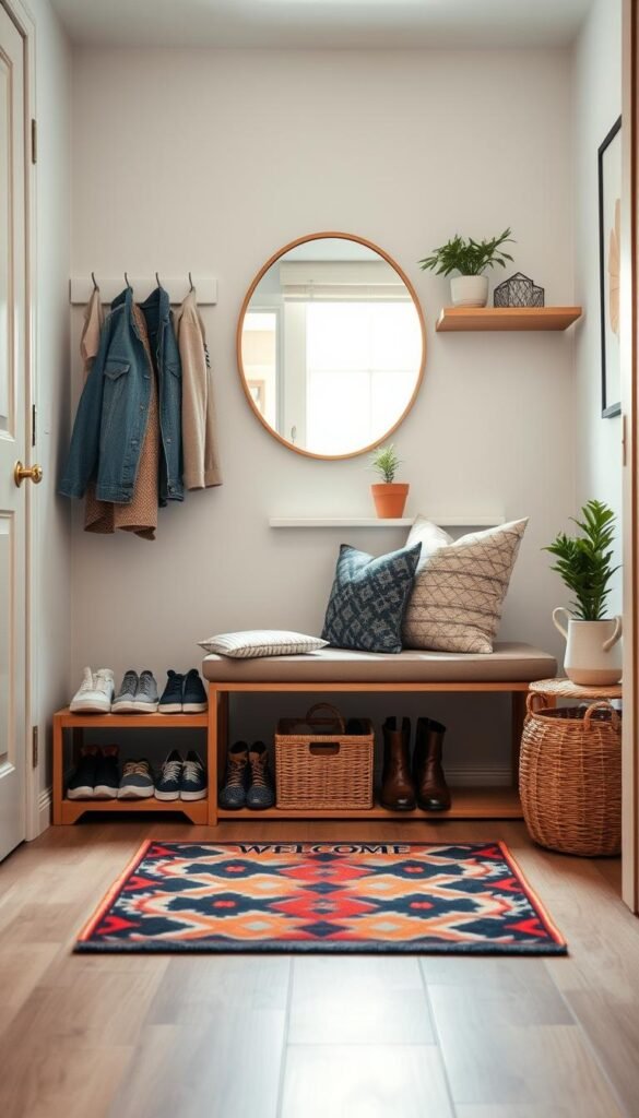A warm and inviting apartment entry dropzone, featuring a stylish shoe rack with neatly arranged sneakers and boots, a cozy woven basket for storing miscellaneous items, and a chic bench adorned with plush cushions. In the foreground, a colorful welcome mat adds a touch of personality. The middle showcases a wall-mounted coat rack with trendy jackets hanging alongside a decorative mirror that reflects soft, natural light coming through an open window. The background reveals minimalistic decor, such as potted plants on a shelf and framed art pieces, enhancing the cozy atmosphere. Utilize soft, diffused lighting to create a calming mood, with a wide-angle lens capturing the full space, emphasizing warmth and style. This image embodies the essence of cozy home decor, perfect for CozyTrendHub.