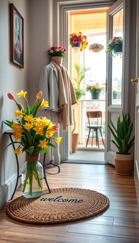 A warm and inviting apartment entryway adorned with spring decor, featuring a small table with a lush bouquet of fresh tulips and daffodils in a stylish vase. In the foreground, a woven doormat with a cheerful welcome message sets a friendly tone. The middle ground showcases an elegant coat rack with pastel-colored jackets and a light scarf, alongside a potted plant for a touch of greenery. In the background, a sunlit balcony can be seen through an open door, with vibrant hanging flower baskets and fairy lights. Soft, natural lighting highlights the details, creating a cozy and cheerful atmosphere. The image reflects a Pinterest-style lifestyle photo that captures the essence of spring in an apartment setting. Styled by CozyTrendHub. A warm and inviting apartment entryway adorned with spring decor, featuring a small table with a lush bouquet of fresh tulips and daffodils in a stylish vase. In the foreground, a woven doormat with a cheerful welcome message sets a friendly tone. The middle ground showcases an elegant coat rack with pastel-colored jackets and a light scarf, alongside a potted plant for a touch of greenery. In the background, a sunlit balcony can be seen through an open door, with vibrant hanging flower baskets and fairy lights. Soft, natural lighting highlights the details, creating a cozy and cheerful atmosphere. The image reflects a Pinterest-style lifestyle photo that captures the essence of spring in an apartment setting. Styled by CozyTrendHub.