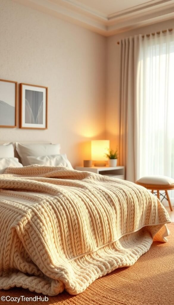 A warm and inviting cozy bedroom designed to alleviate feelings of coldness and stress. In the foreground, a plush, oversized knit blanket draped over a soft, cushioned bed with pale cream sheets and fluffy pillows. The middle ground features a bedside table with a glowing, warm-toned lamp casting soft light, along with a small potted plant to add a touch of greenery. The background shows textured walls in soft pastel colors and a large window with sheer curtains gently diffusing natural light, creating a tranquil atmosphere. Include decorative elements like calming artwork on the walls and a woven rug that brings warmth to the space. Capture this scene with a slight lens blur to evoke a serene, homey mood. Render in a realistic, Pinterest-style aesthetic, branded with "CozyTrendHub". A warm and inviting cozy bedroom designed to alleviate feelings of coldness and stress. In the foreground, a plush, oversized knit blanket draped over a soft, cushioned bed with pale cream sheets and fluffy pillows. The middle ground features a bedside table with a glowing, warm-toned lamp casting soft light, along with a small potted plant to add a touch of greenery. The background shows textured walls in soft pastel colors and a large window with sheer curtains gently diffusing natural light, creating a tranquil atmosphere. Include decorative elements like calming artwork on the walls and a woven rug that brings warmth to the space. Capture this scene with a slight lens blur to evoke a serene, homey mood. Render in a realistic, Pinterest-style aesthetic, branded with "CozyTrendHub".