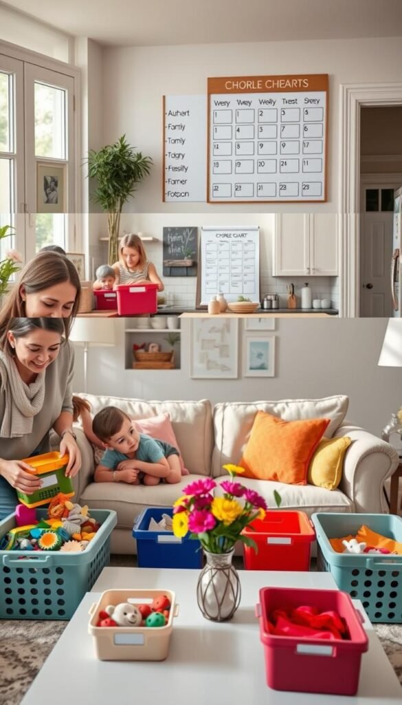 A warm and inviting family scene set in a cozy, well-organized home. In the foreground, a smiling mother and father, casually dressed in comfortable clothing, assist their eager children as they sort colorful toys into labeled bins. The middle layer showcases a beautifully arranged living room with a stylish couch, vibrant cushions, and family photos adorning the walls. Fresh flowers sit on a pristine coffee table, contributing to the cheerful atmosphere. In the background, a kitchen can be seen through an open doorway, with a weekly chore chart prominently displayed on the wall. Soft, natural light filters through large windows, creating an uplifting and productive mood. This Pinterest-style layout embodies the essence of daily and weekly routines that promote organization within a family, radiating warmth and togetherness. CozyTrendHub.