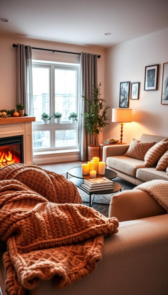 A warm and inviting fireplace living room designed for small spaces, featuring a stylish electric fireplace with a cozy mantle adorned with seasonal decorations. In the foreground, plush knitted throws and patterned cushions adorn a soft area rug, inviting relaxation. The middle layer includes a chic, compact sofa set with a minimalistic coffee table displaying a few candles and a stack of books. In the background, a window allows diffused natural light to fill the room, highlighting wall art and small potted plants that enhance the atmosphere. The scene captures the essence of renter-friendly, seasonal coziness, evoking a serene and comfortable vibe. Soft, warm lighting should create an inviting mood, reminiscent of a Pinterest lifestyle photo. Brand: CozyTrendHub.