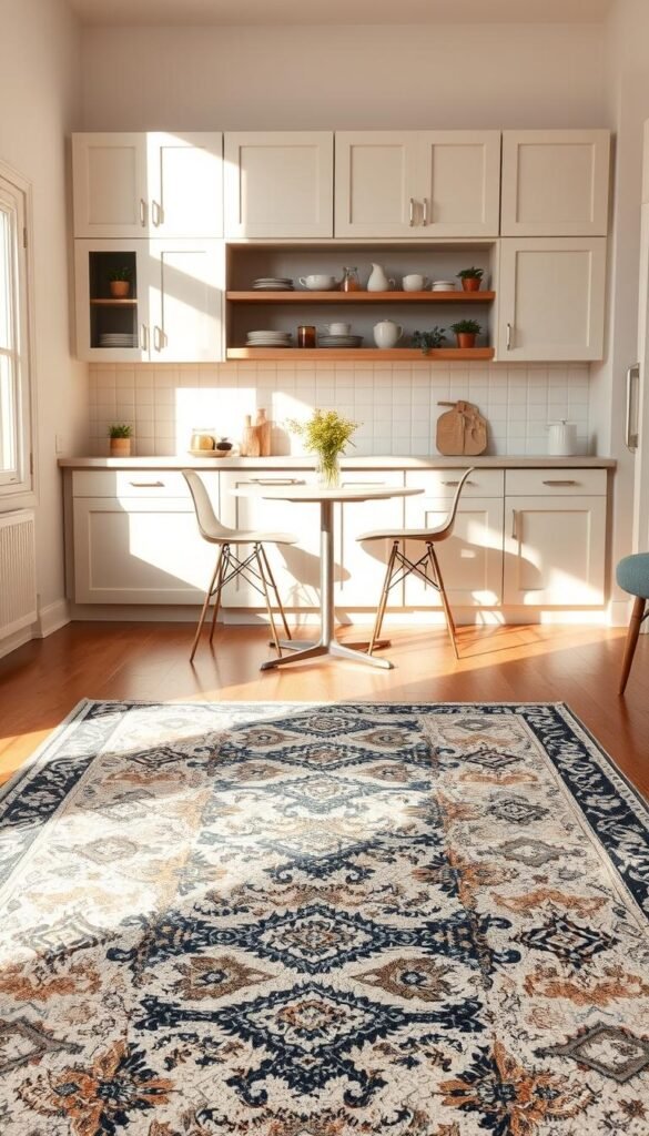 A warm and inviting kitchen space designed for rentals, featuring a soft, washable rug in the foreground, showcasing an intricate, modern pattern that adds texture and color. The rug is centered on a polished wooden floor, surrounded by a small kitchen island with stylish bar stools. In the middle, there&rsquo;s a cozy table set for two, with a simple vase of fresh flowers. The background includes light-colored cabinets adorned with open shelving displaying rustic dishware and potted herbs. Diffused natural light streams in through a nearby window, casting gentle shadows that enhance the room's warmth. The atmosphere is serene and welcoming, embodying a Pinterest-style lifestyle, emphasizing the charm of minimalism while promoting a sense of comfort. Capture this scene with a focus on details, evoking the brand "CozyTrendHub."