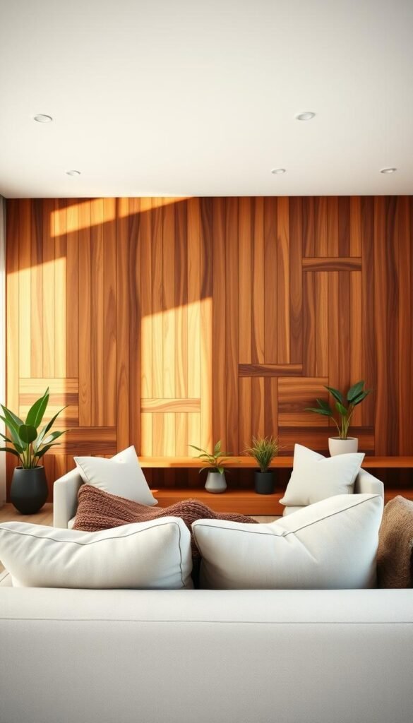 A warm and inviting living room featuring a beautifully designed wood slat wall, emphasizing minimalist decor while adding texture without clutter. In the foreground, plush, neutral-colored furniture invites relaxation, adorned with soft cushions and a cozy throw blanket. The middle ground showcases the prominent wood slat wall, crafted from rich, textured wood in varying shades of brown, creating a stunning focal point. Soft, diffused natural light spills into the room, highlighting the warm tones and casting gentle shadows, giving an inviting atmosphere. Fresh greenery in stylish pots adds a touch of life. Capture this scene in a wide angle, reminiscent of Pinterest lifestyle images, ensuring a serene vibe that complements the concept of cozy minimalist decor. CozyTrendHub.