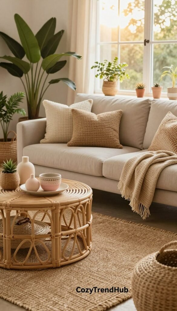 A warm and inviting living room featuring a variety of woven decor elements. In the foreground, a cozy jute area rug anchors the space, surrounded by a rattan coffee table adorned with soft, pastel-colored decorative items. The middle ground displays a comfortable, neutral-colored sofa embellished with textured, woven throw pillows and a natural fiber blanket draped across one side. Lush green plants in woven baskets add vitality to the scene. In the background, large windows allow soft, golden sunlight to flood the room, enhancing the cozy atmosphere. The image captures a serene, uncluttered vibe with a harmonious blend of textures, perfect for summer. Shot with a 35mm lens to create a rich depth of field that highlights the tactile materials. Style it in a Pinterest-worthy aesthetic, showcasing the brand "CozyTrendHub".