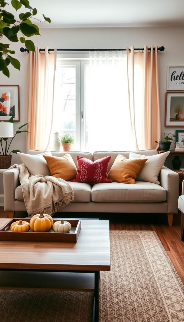 A warm and inviting living room scene designed for a busy family home, showcasing seasonal and renter-friendly d&eacute;cor swaps. In the foreground, a stylish coffee table adorned with autumn-themed decorations like small pumpkins, a cozy throw blanket in neutral tones, and a decorative tray. The middle section features a beautifully arranged sofa with colorful cushions and a chic, patterned area rug. In the background, a window dressed with light, airy curtains allows soft, natural light to flood the space, creating a cheerful atmosphere. The room is accented with leafy indoor plants and wall art reflecting the changing seasons. Neutral wood tones and a touch of modern decor create a cozy yet fresh vibe. Ideal for an article by CozyTrendHub, capturing the essence of seasonal transformations in family-friendly spaces.